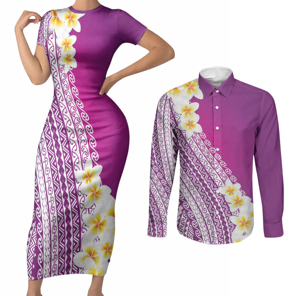 Tahiti Plumeria Tribal Pattern Couples Matching Short Sleeve Bodycon Dress and Long Sleeve Button Shirt Wave Style Purple LT05 Purple - Polynesian Pride