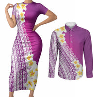 Tahiti Plumeria Tribal Pattern Couples Matching Short Sleeve Bodycon Dress and Long Sleeve Button Shirt Wave Style Purple LT05 Purple - Polynesian Pride