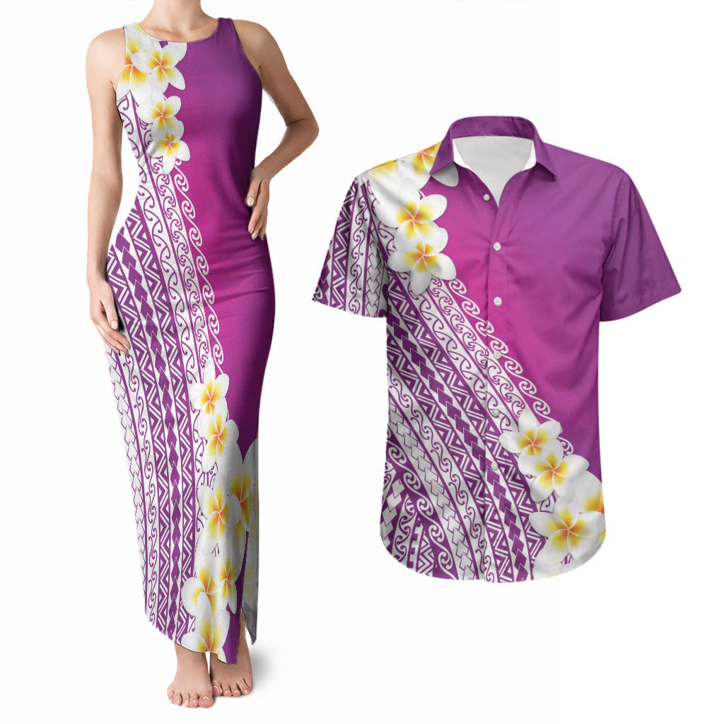 Tahiti Plumeria Tribal Pattern Couples Matching Tank Maxi Dress and Hawaiian Shirt Wave Style Purple LT05 Purple - Polynesian Pride