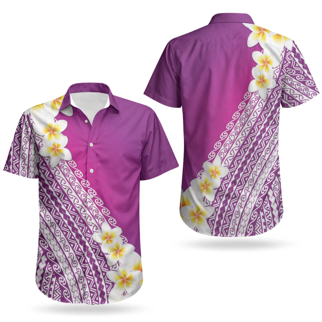 Tahiti Plumeria Tribal Pattern Couples Matching Tank Maxi Dress and Hawaiian Shirt Wave Style Purple LT05 - Polynesian Pride
