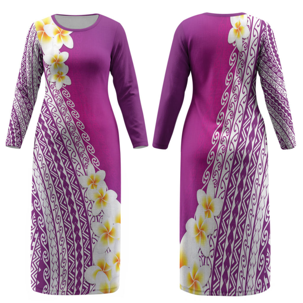 Tahiti Plumeria Tribal Pattern Family Matching Long Sleeve Bodycon Dress and Hawaiian Shirt Wave Style Purple LT05 Mom's Dress Purple - Polynesian Pride