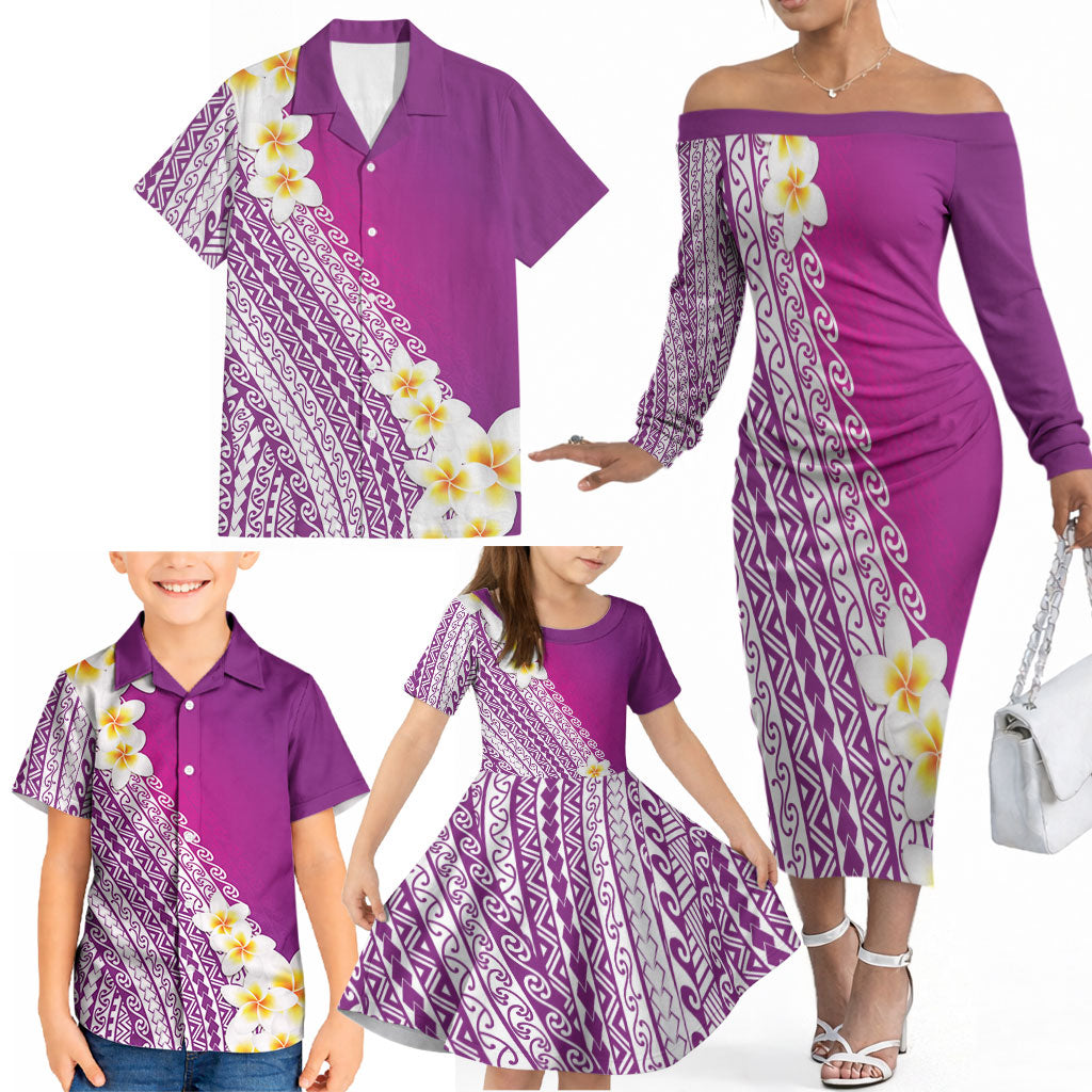 Tahiti Plumeria Tribal Pattern Family Matching Off The Shoulder Long Sleeve Dress and Hawaiian Shirt Wave Style Purple LT05 - Polynesian Pride