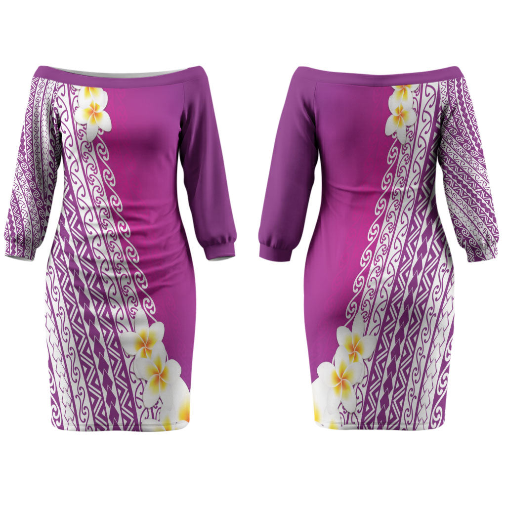 Tahiti Plumeria Tribal Pattern Family Matching Off The Shoulder Long Sleeve Dress and Hawaiian Shirt Wave Style Purple LT05 Mom's Dress Purple - Polynesian Pride
