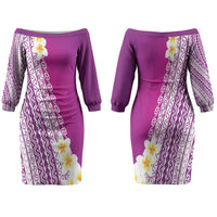 Tahiti Plumeria Tribal Pattern Family Matching Off The Shoulder Long Sleeve Dress and Hawaiian Shirt Wave Style Purple LT05 Mom's Dress Purple - Polynesian Pride