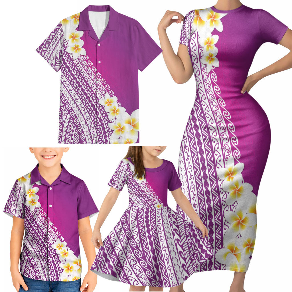 Tahiti Plumeria Tribal Pattern Family Matching Short Sleeve Bodycon Dress and Hawaiian Shirt Wave Style Purple LT05 - Polynesian Pride