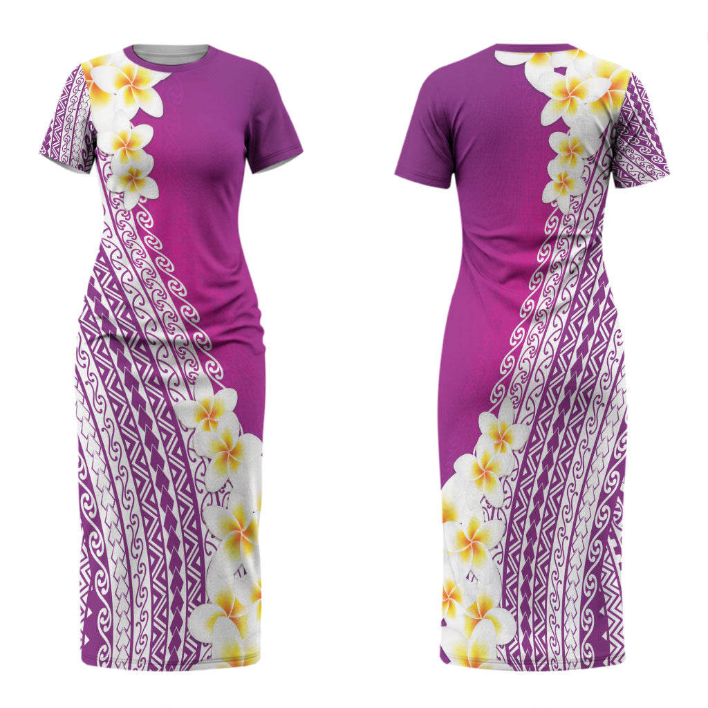 Tahiti Plumeria Tribal Pattern Family Matching Short Sleeve Bodycon Dress and Hawaiian Shirt Wave Style Purple LT05 Mom's Dress Purple - Polynesian Pride