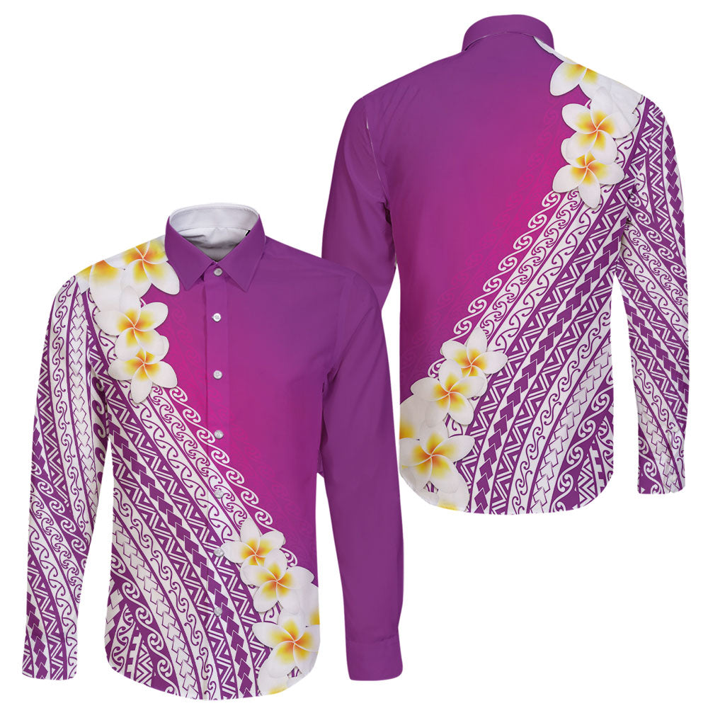 Tahiti Plumeria Tribal Pattern Family Matching Short Sleeve Bodycon Dress and Hawaiian Shirt Wave Style Purple LT05 Dad's Shirt - Long Sleeve Purple - Polynesian Pride