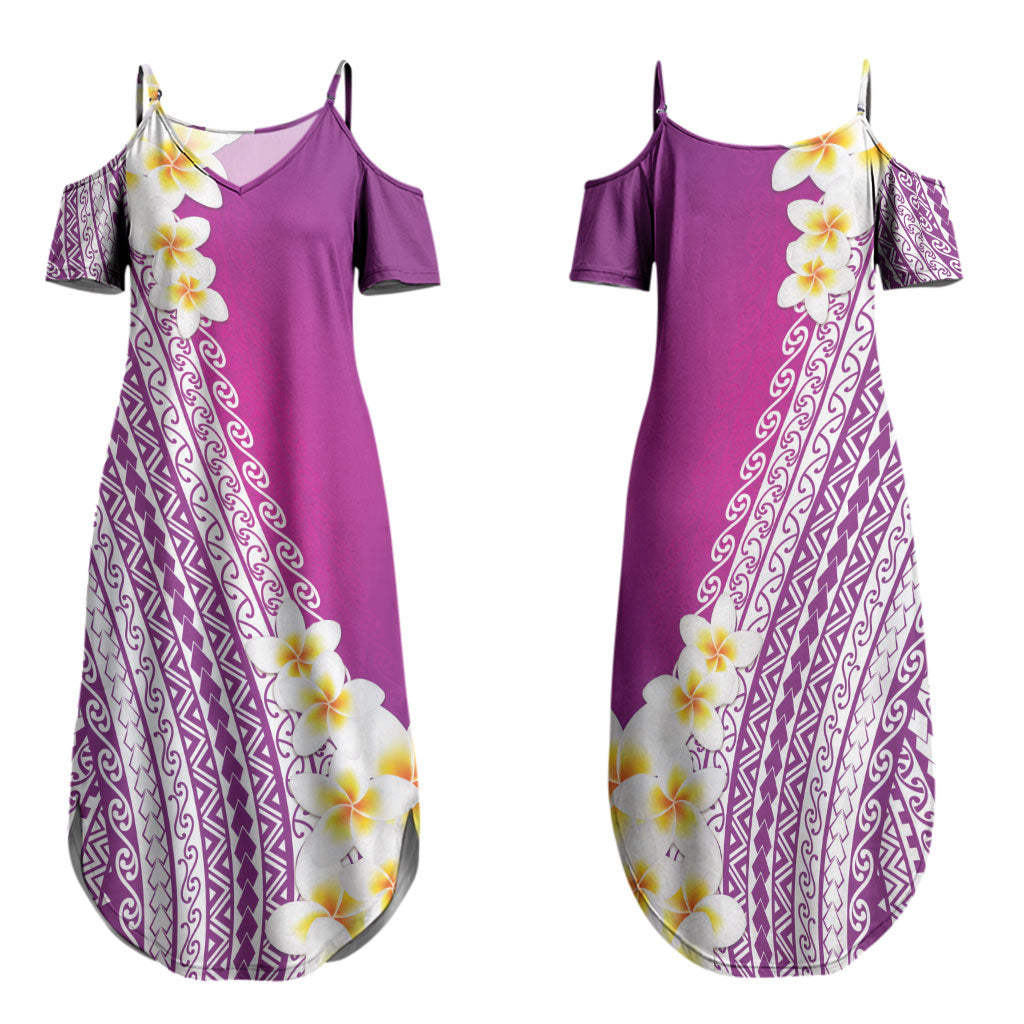 Tahiti Plumeria Tribal Pattern Family Matching Summer Maxi Dress and Hawaiian Shirt Wave Style Purple LT05 Mom's Dress Purple - Polynesian Pride