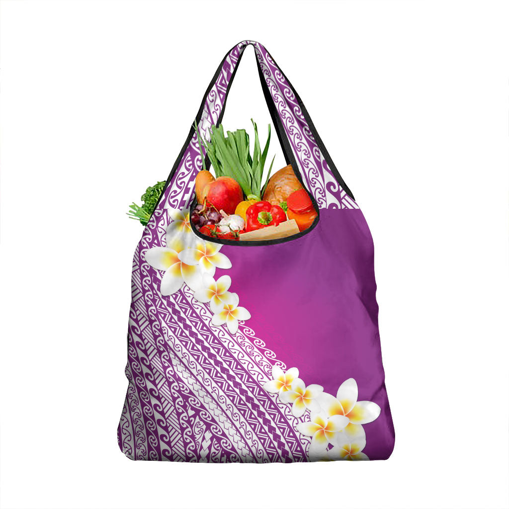 Tahiti Plumeria Tribal Pattern Grocery Bag Wave Style Purple
