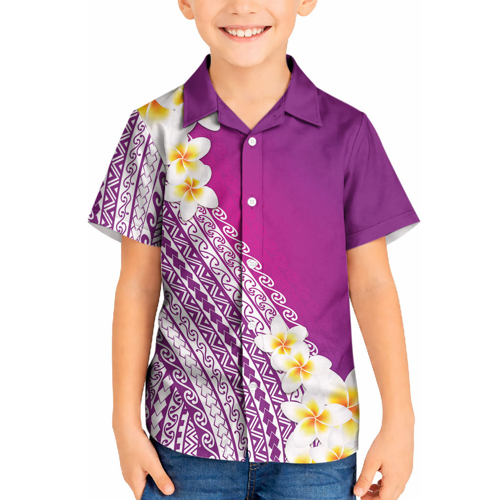 Tahiti Plumeria Tribal Pattern Kid Hawaiian Shirt Wave Style Purple