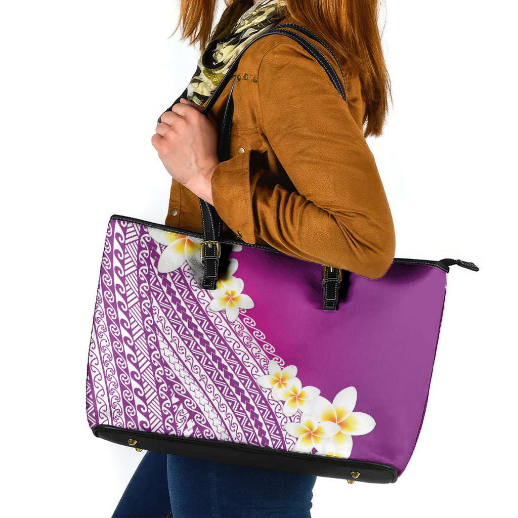 Tahiti Plumeria Tribal Pattern Leather Tote Bag Wave Style Purple LT05 Purple - Polynesian Pride