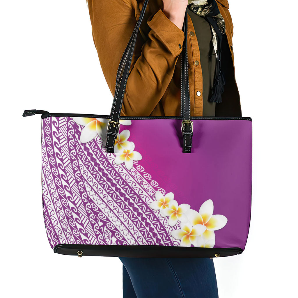 Tahiti Plumeria Tribal Pattern Leather Tote Bag Wave Style Purple LT05 - Polynesian Pride