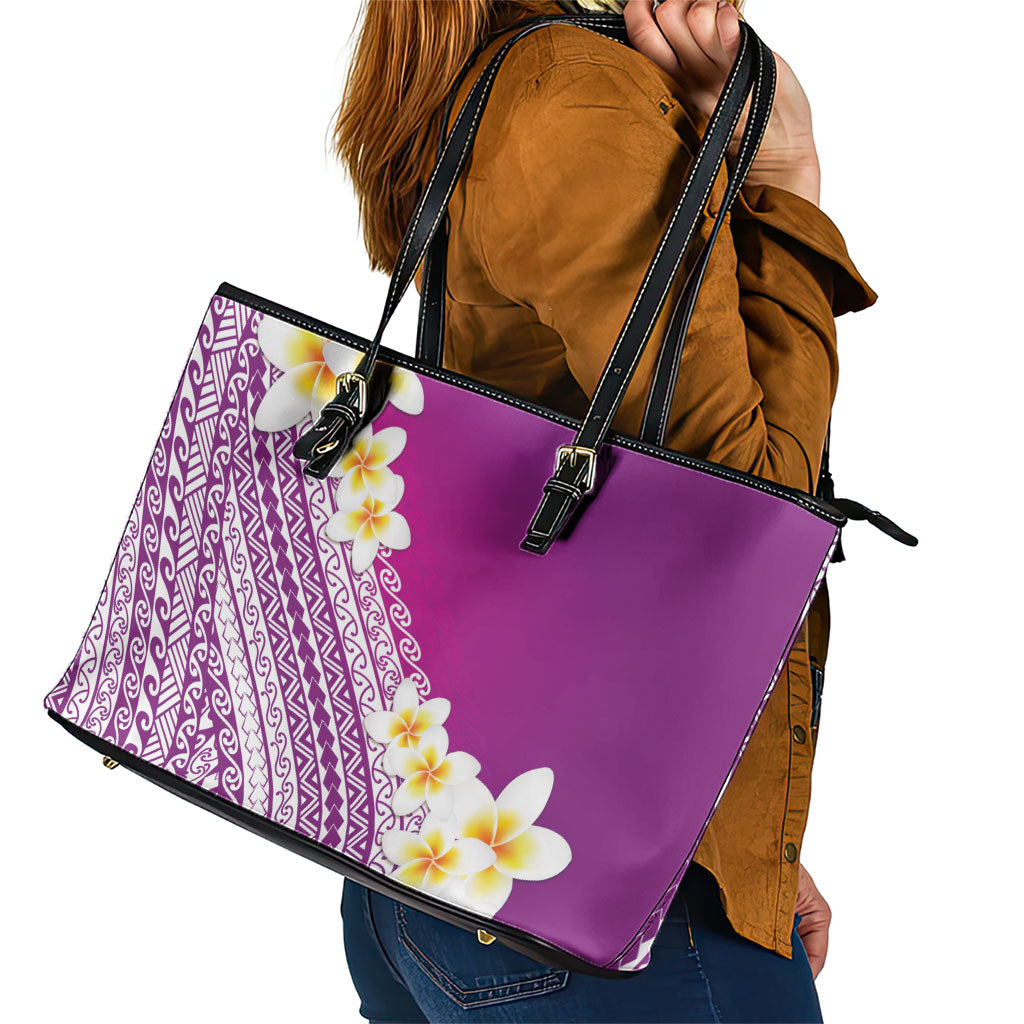 Tahiti Plumeria Tribal Pattern Leather Tote Bag Wave Style Purple LT05 - Polynesian Pride