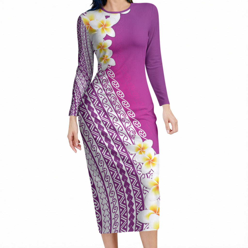 Tahiti Plumeria Tribal Pattern Long Sleeve Bodycon Dress Wave Style Purple