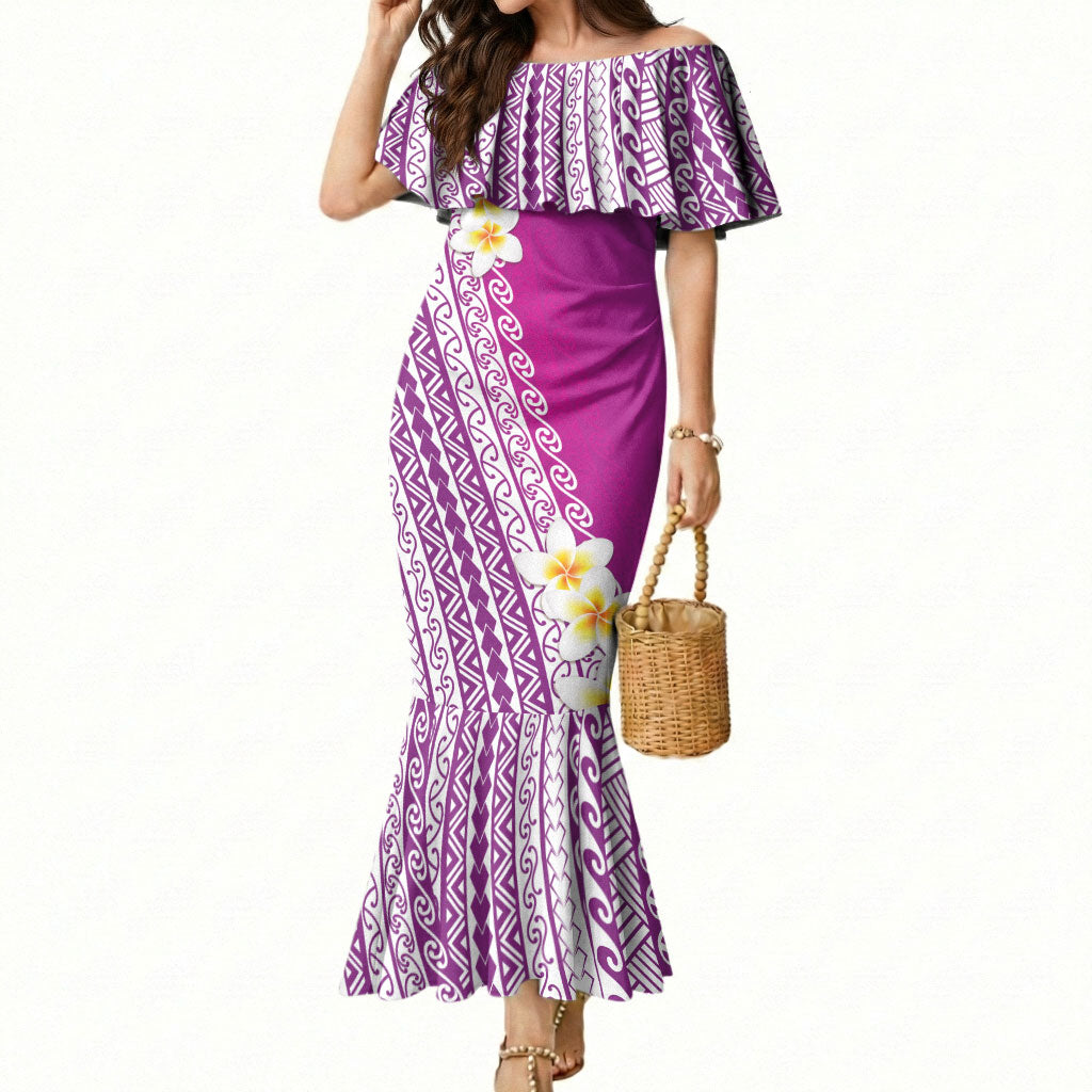 Tahiti Plumeria Tribal Pattern Mermaid Dress Wave Style Purple LT05 Women Purple - Polynesian Pride