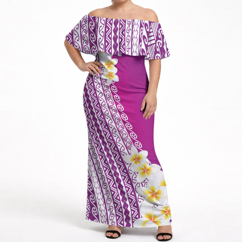 Tahiti Plumeria Tribal Pattern Off Shoulder Maxi Dress Wave Style Purple LT05 Women Purple - Polynesian Pride