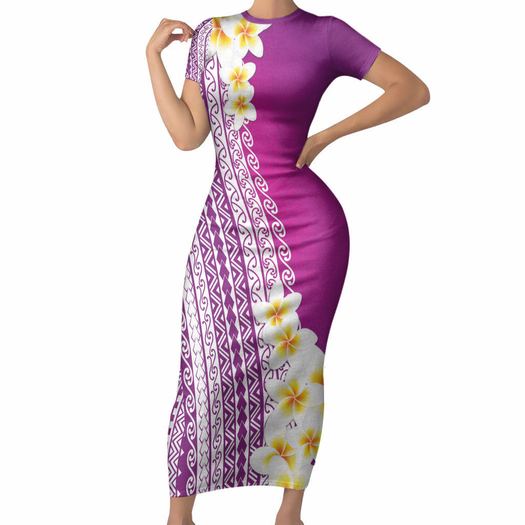 Tahiti Plumeria Tribal Pattern Short Sleeve Bodycon Dress Wave Style Purple