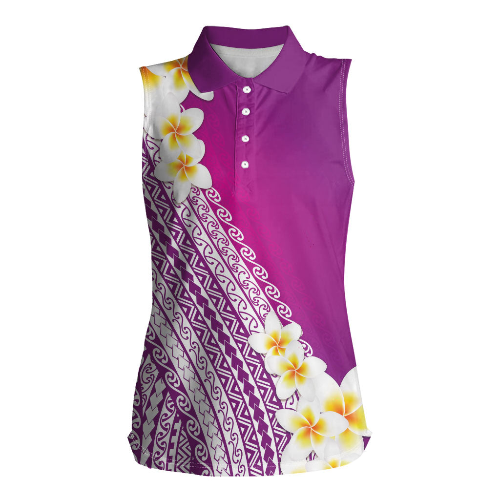Tahiti Plumeria Tribal Pattern Women Sleeveless Polo Shirt Wave Style Purple