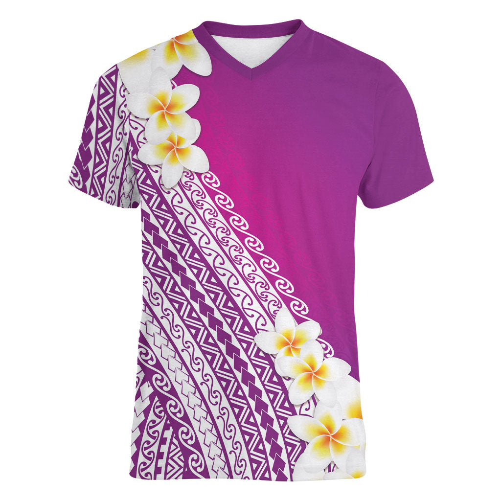 Tahiti Plumeria Tribal Pattern Women V-Neck T-Shirt Wave Style Purple LT05 Female Purple - Polynesian Pride