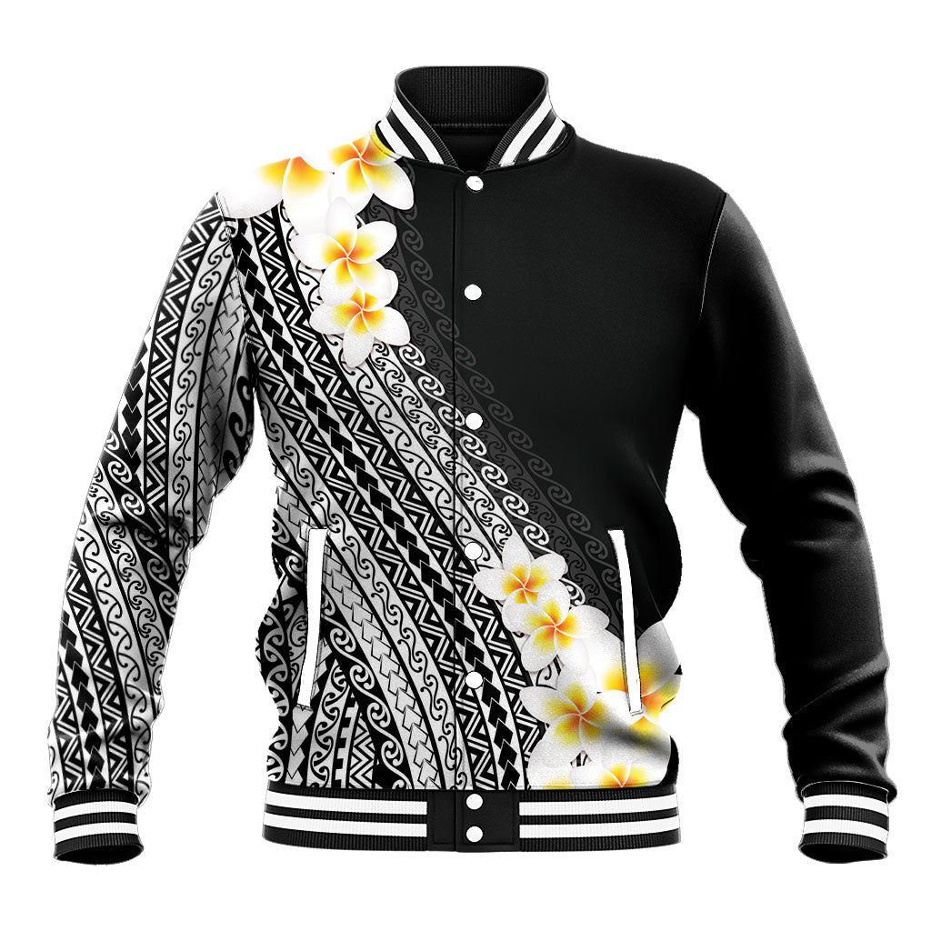 Tahiti Plumeria Tribal Pattern Baseball Jacket Wave Style Black