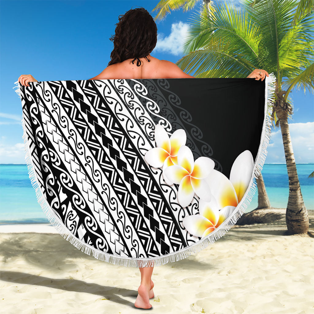 Tahiti Plumeria Tribal Pattern Beach Blanket Wave Style Black LT05 - Polynesian Pride