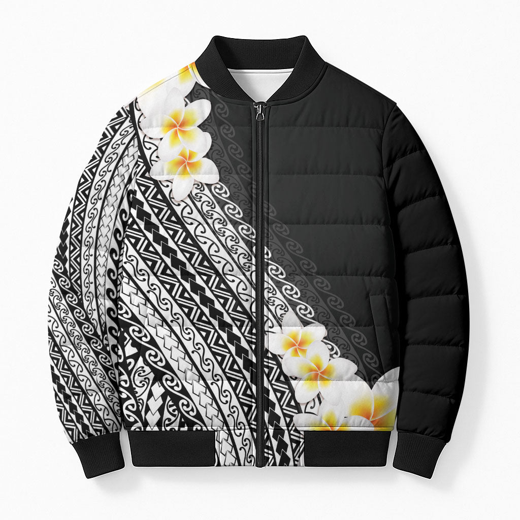 Tahiti Plumeria Tribal Pattern Bomber Puffer Jacket Wave Style Black LT05 Unisex Black - Polynesian Pride