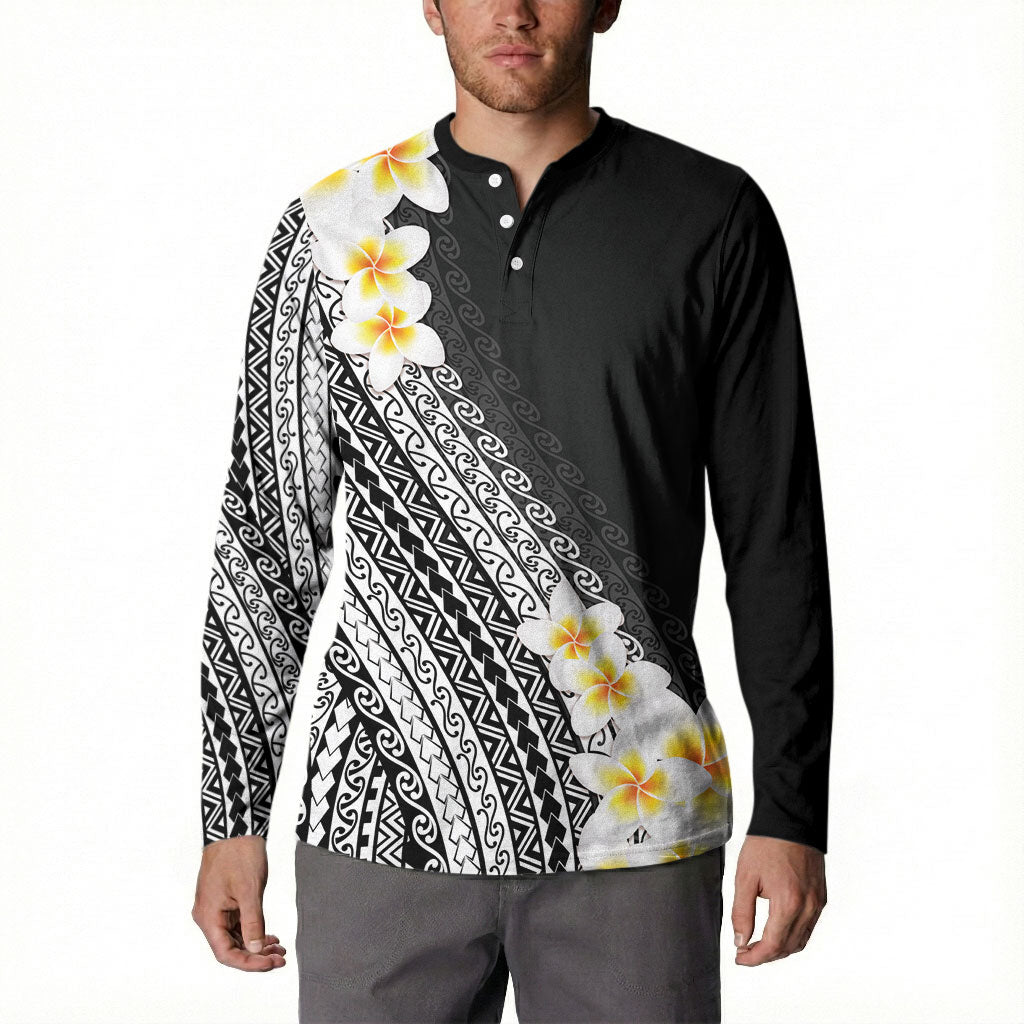 Tahiti Plumeria Tribal Pattern Button Sweatshirt Wave Style Black LT05 - Polynesian Pride
