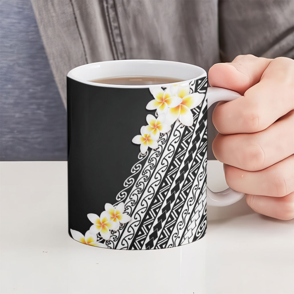 Tahiti Plumeria Tribal Pattern Ceramic Mug Wave Style Black LT05 - Polynesian Pride