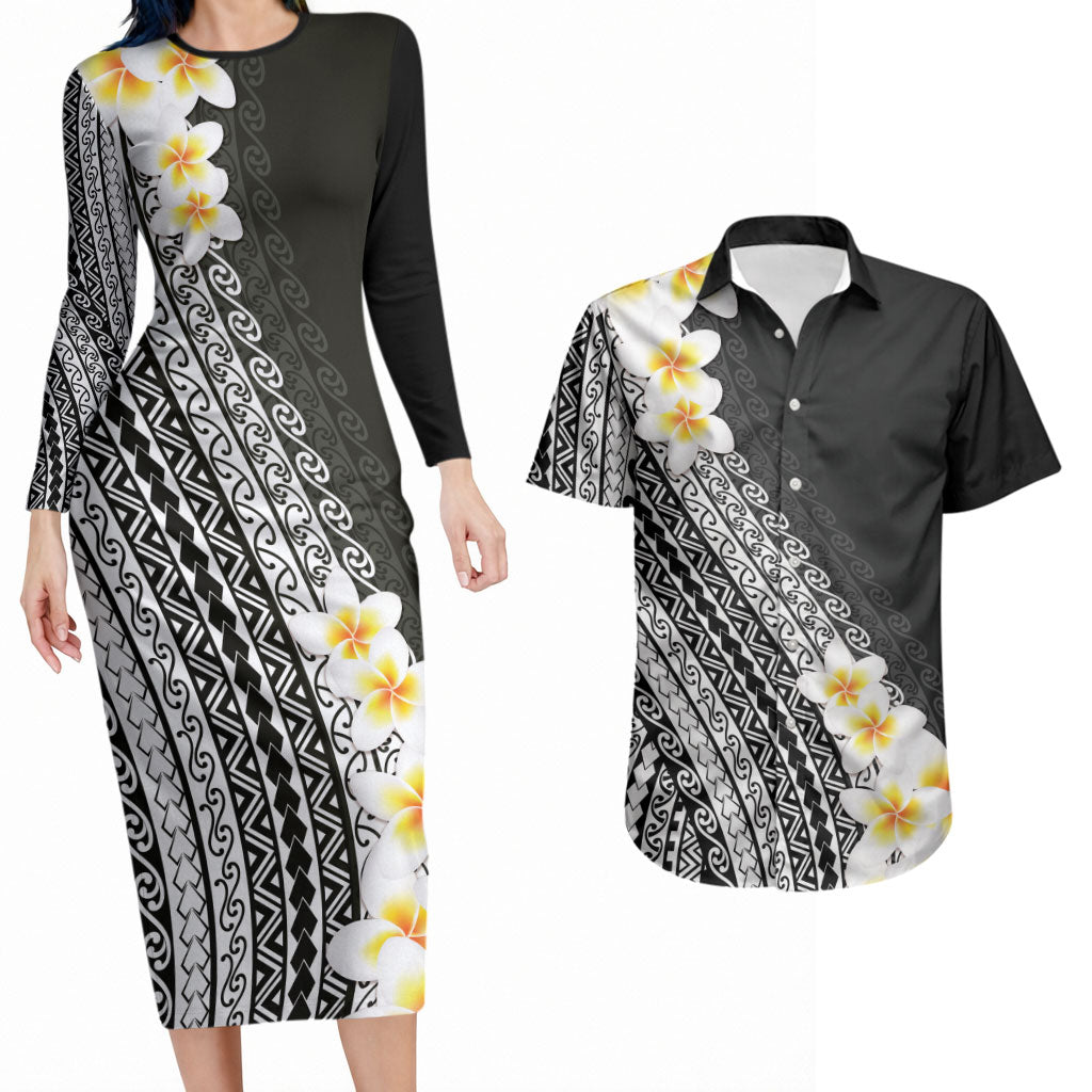 Tahiti Plumeria Tribal Pattern Couples Matching Long Sleeve Bodycon Dress and Hawaiian Shirt Wave Style Black LT05 Black - Polynesian Pride