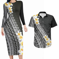 Tahiti Plumeria Tribal Pattern Couples Matching Long Sleeve Bodycon Dress and Hawaiian Shirt Wave Style Black LT05 Black - Polynesian Pride