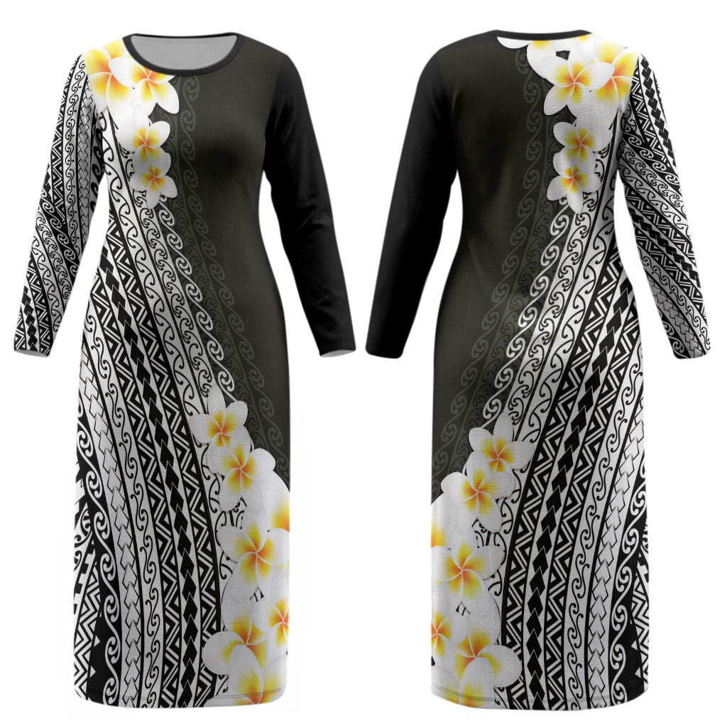 Tahiti Plumeria Tribal Pattern Couples Matching Long Sleeve Bodycon Dress and Hawaiian Shirt Wave Style Black LT05 - Polynesian Pride
