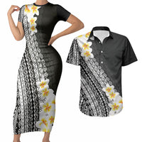 Tahiti Plumeria Tribal Pattern Couples Matching Short Sleeve Bodycon Dress and Hawaiian Shirt Wave Style Black LT05 Black - Polynesian Pride