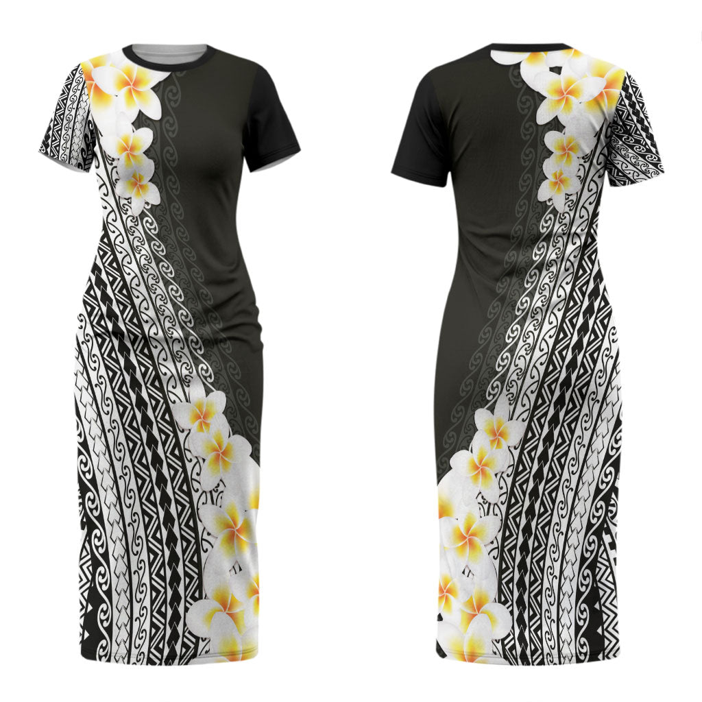 Tahiti Plumeria Tribal Pattern Couples Matching Short Sleeve Bodycon Dress and Hawaiian Shirt Wave Style Black LT05 - Polynesian Pride