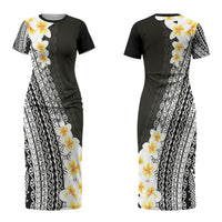Tahiti Plumeria Tribal Pattern Couples Matching Short Sleeve Bodycon Dress and Hawaiian Shirt Wave Style Black LT05 - Polynesian Pride