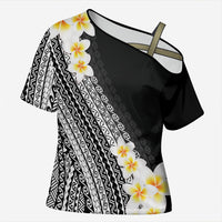 Tahiti Plumeria Tribal Pattern Cross Shoulder Shirt Wave Style Black LT05 Female Black - Polynesian Pride