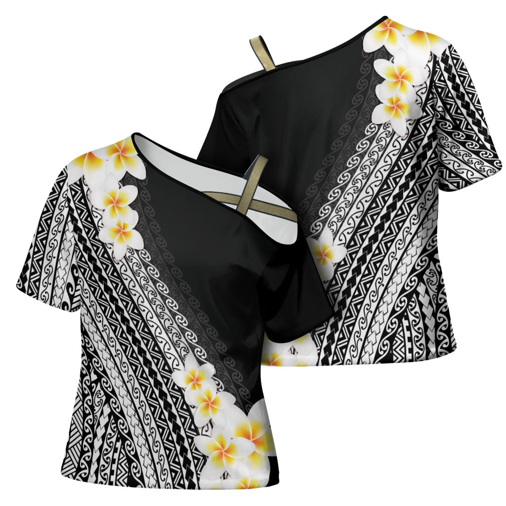 Tahiti Plumeria Tribal Pattern Cross Shoulder Shirt Wave Style Black LT05 - Polynesian Pride