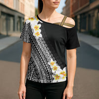 Tahiti Plumeria Tribal Pattern Cross Shoulder Shirt Wave Style Black LT05 - Polynesian Pride