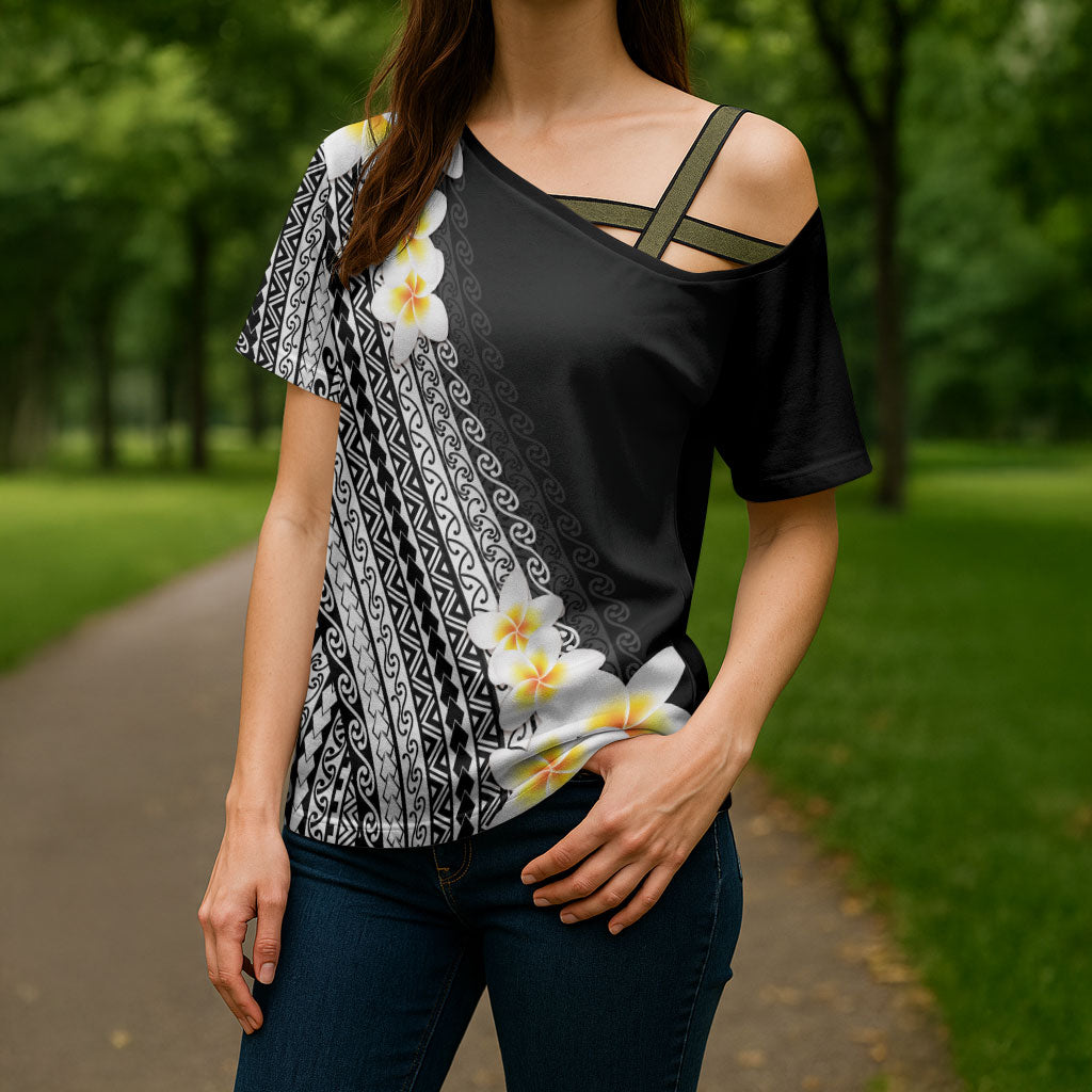 Tahiti Plumeria Tribal Pattern Cross Shoulder Shirt Wave Style Black LT05 - Polynesian Pride