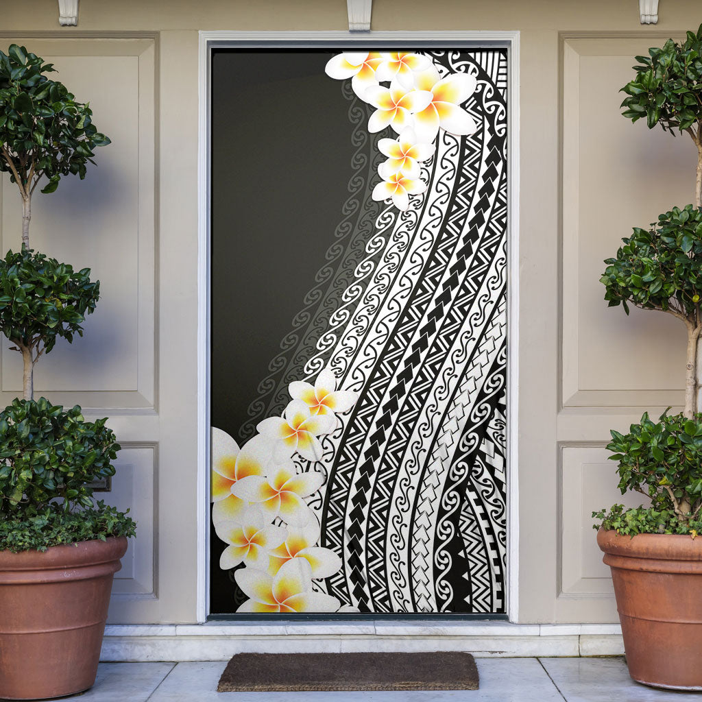 Tahiti Plumeria Tribal Pattern Door Cover Wave Style Black