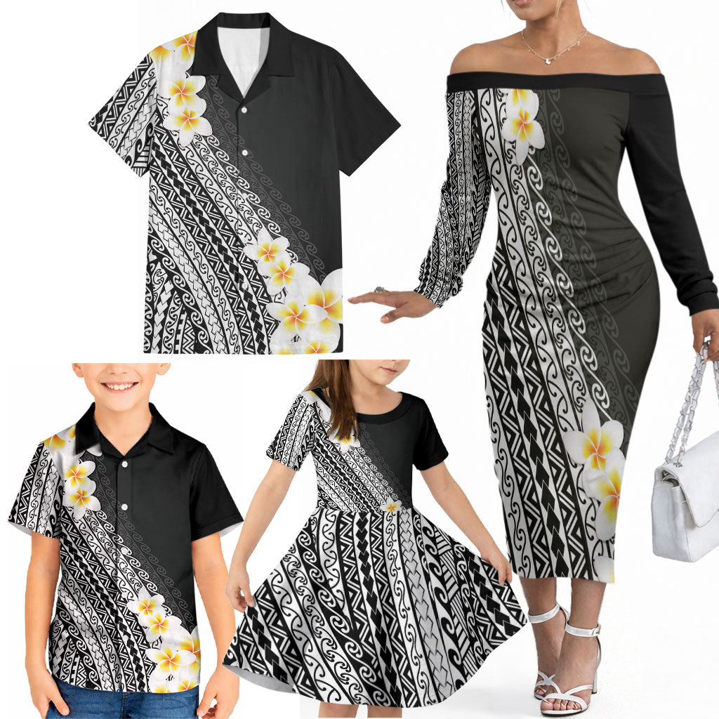 Tahiti Plumeria Tribal Pattern Family Matching Off The Shoulder Long Sleeve Dress and Hawaiian Shirt Wave Style Black LT05 - Polynesian Pride