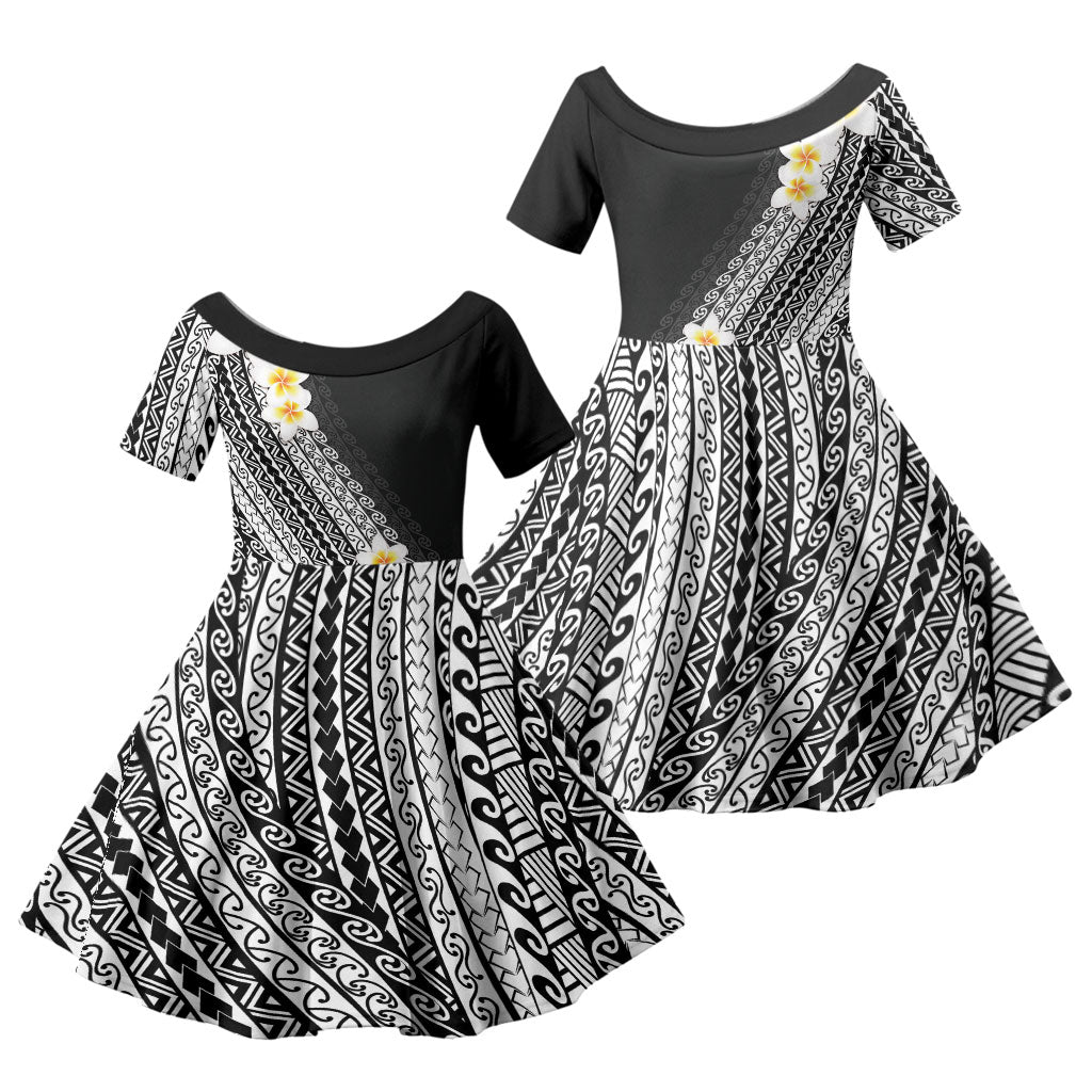 Tahiti Plumeria Tribal Pattern Family Matching Off Shoulder Maxi Dress and Hawaiian Shirt Wave Style Black LT05 Daughter's Dress Black - Polynesian Pride