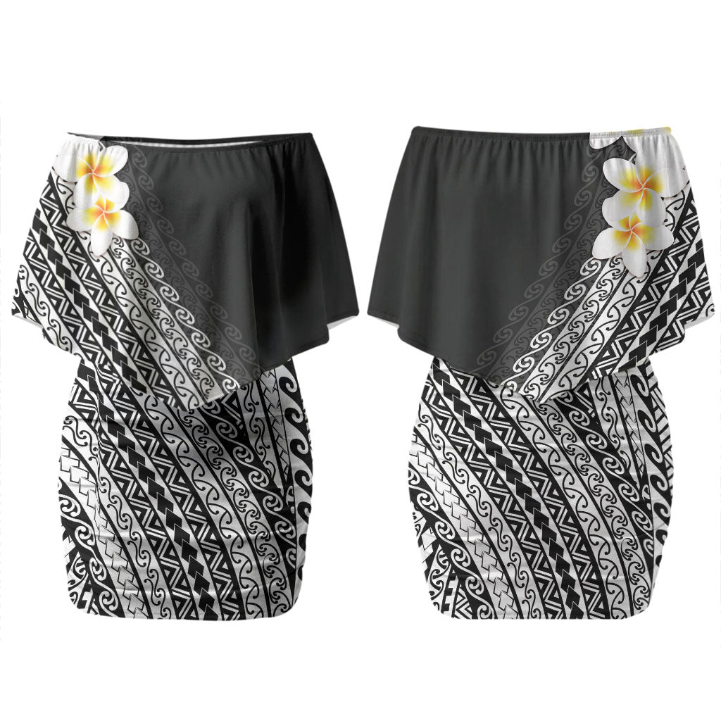 Tahiti Plumeria Tribal Pattern Family Matching Off Shoulder Short Dress and Hawaiian Shirt Wave Style Black LT05 Mom's Dress Black - Polynesian Pride