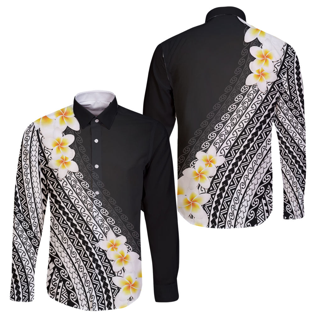 Tahiti Plumeria Tribal Pattern Family Matching Off Shoulder Short Dress and Hawaiian Shirt Wave Style Black LT05 Dad's Shirt - Long Sleeve Black - Polynesian Pride