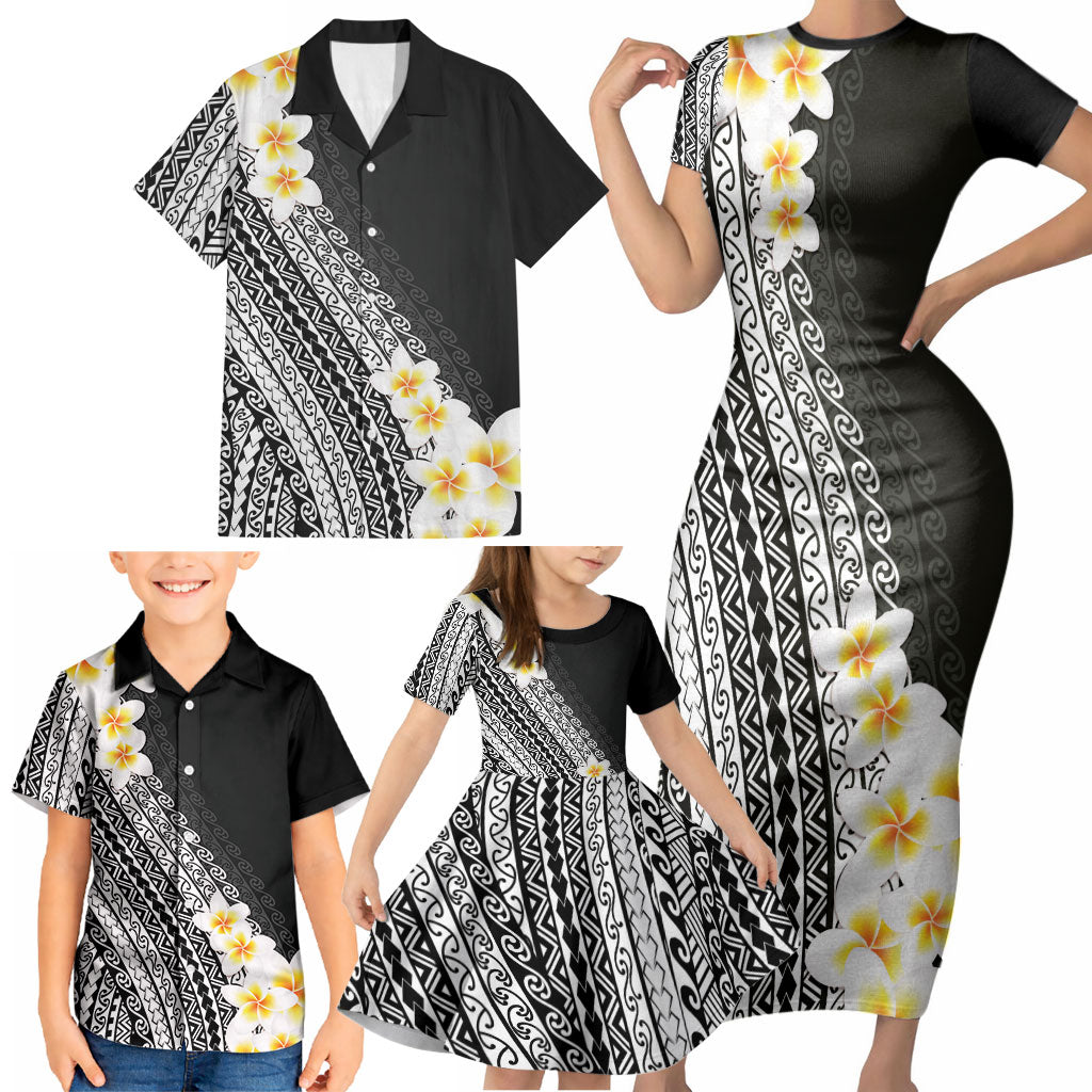 Tahiti Plumeria Tribal Pattern Family Matching Short Sleeve Bodycon Dress and Hawaiian Shirt Wave Style Black LT05 - Polynesian Pride
