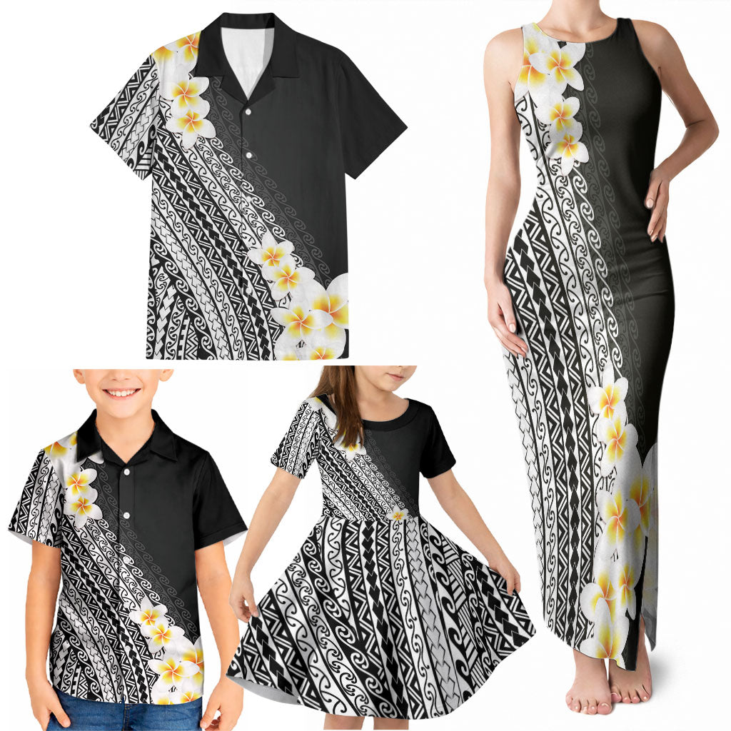 Tahiti Plumeria Tribal Pattern Family Matching Tank Maxi Dress and Hawaiian Shirt Wave Style Black LT05 - Polynesian Pride