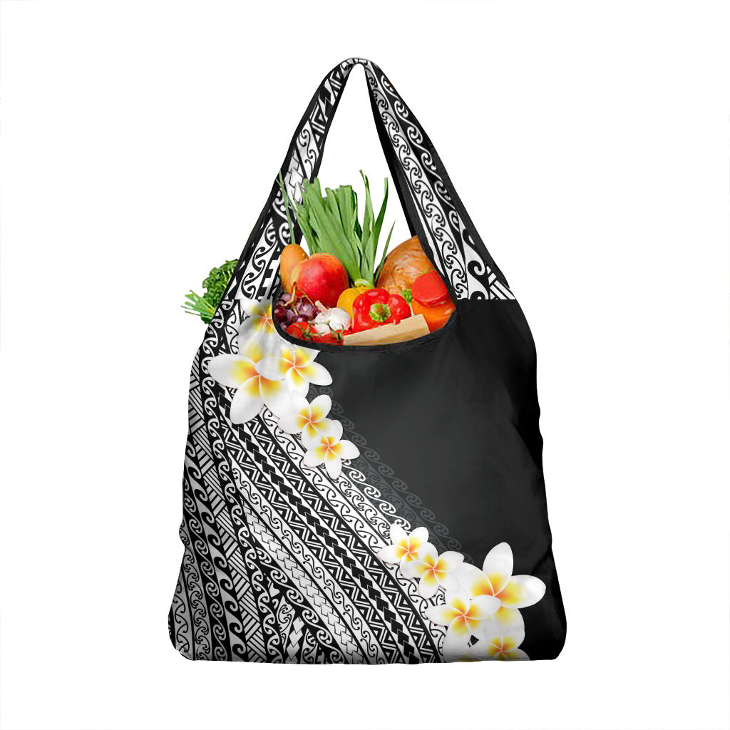 Tahiti Plumeria Tribal Pattern Grocery Bag Wave Style Black
