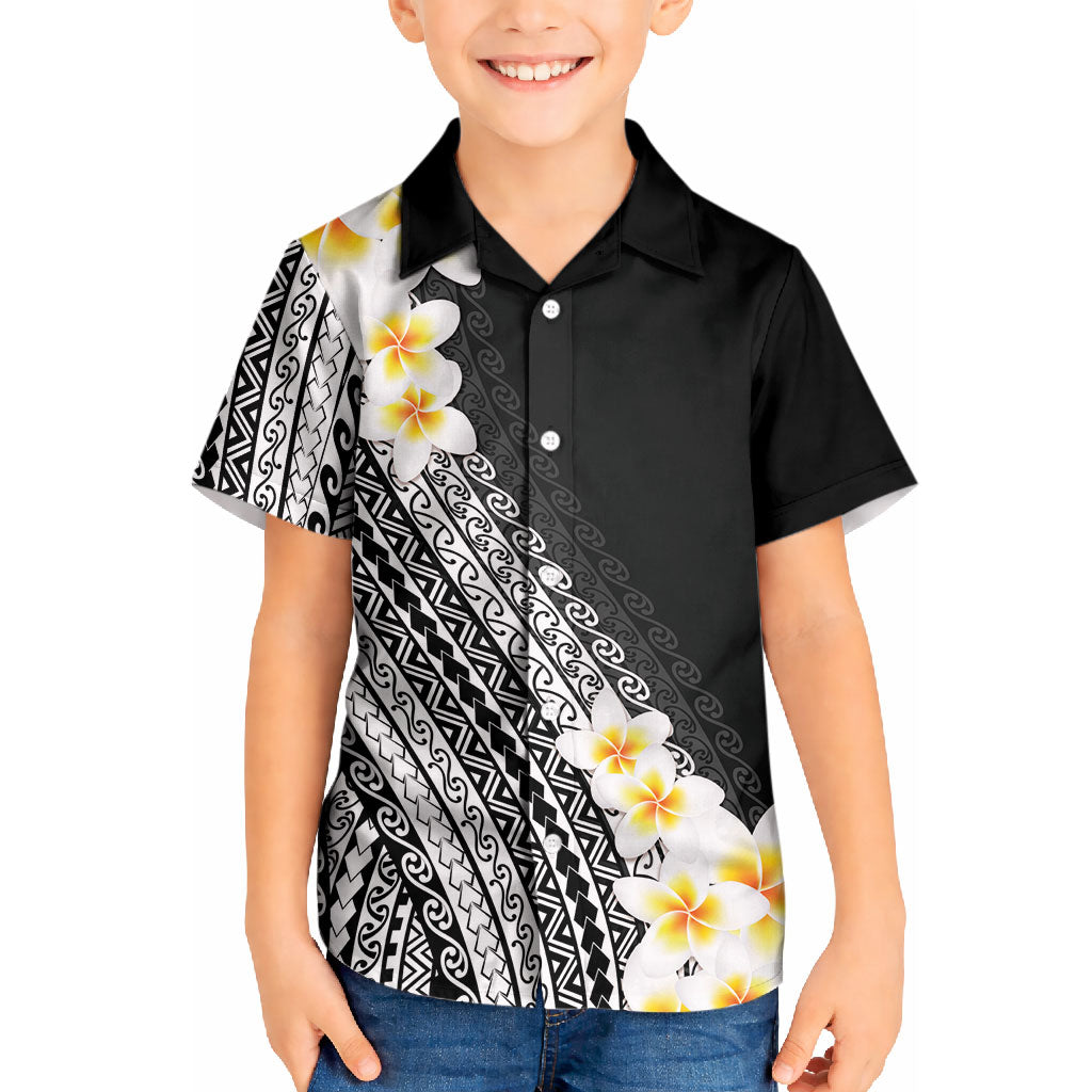 Tahiti Plumeria Tribal Pattern Kid Hawaiian Shirt Wave Style Black