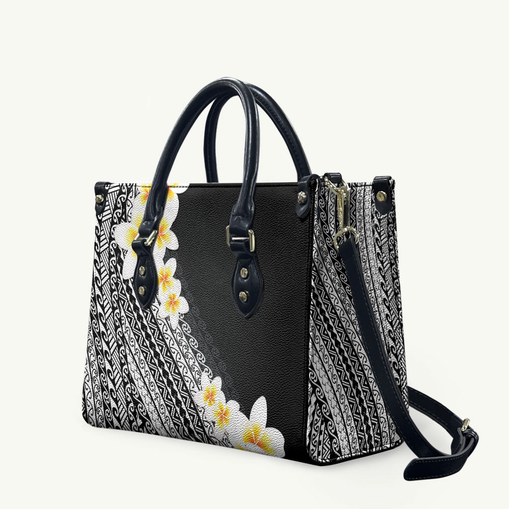 Tahiti Plumeria Tribal Pattern Leather Bag Wave Style Black
