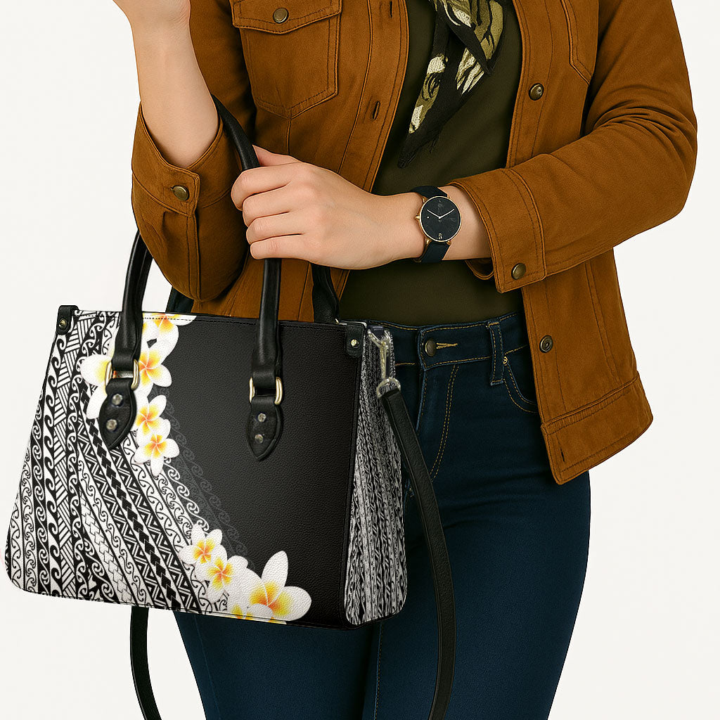 Tahiti Plumeria Tribal Pattern Leather Bag Wave Style Black LT05 - Polynesian Pride