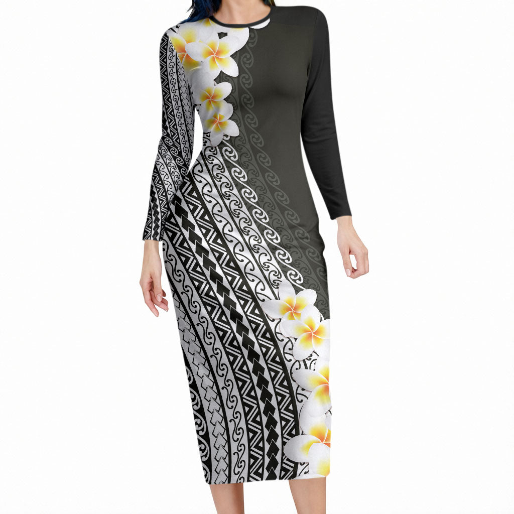 Tahiti Plumeria Tribal Pattern Long Sleeve Bodycon Dress Wave Style Black